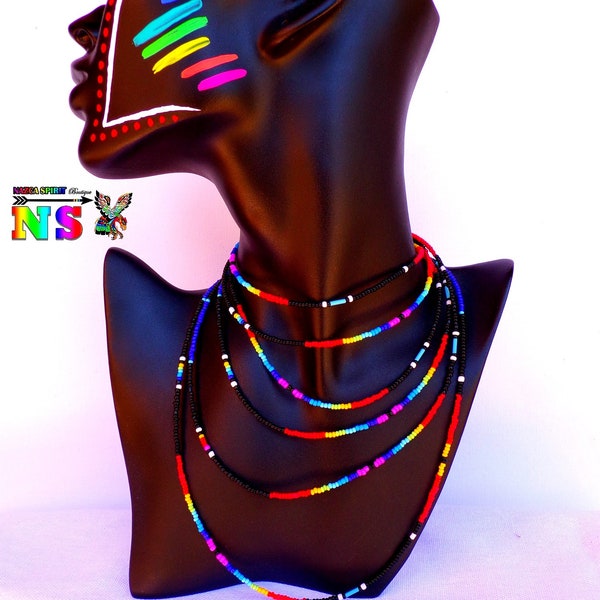 Grand Sautoir Collier Tribal Ethnique de Perles Rocaille Verre Multicolores, Long collier de 2 m de long  ("78.74)