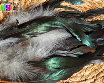 Prix en baisse ! Queue de Coq Naturelles Gris Cendré Vert Irisé de 10 cm à 20 cm - Plumes Création Bijoux et Objets Tribal Ethnique