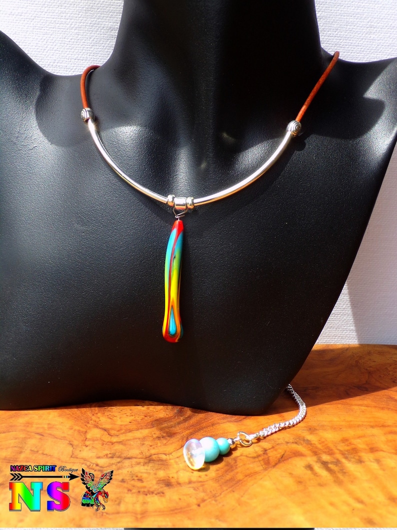 Pearl multicolored lampwork borosilicate pendant French craft creation Natural leather and silver adjustable boho necklace 925
