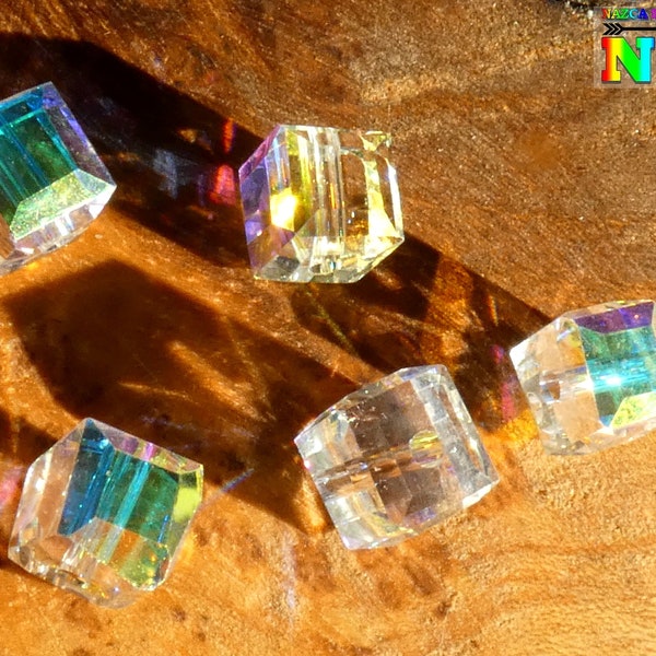 Perles cubes de 7 mm en Cristal Autrichien Aurore Boréale AB, pour création de bijoux en cristal,