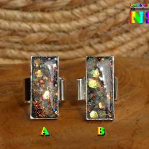 Adjustable Fantasy Ring Multicolor Iridescent Luminescent, Jewel Rectangle Plated Silver Handmade, Shines in the Dark, Model of your choice