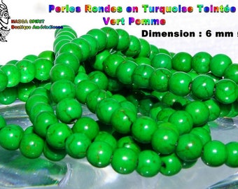 Perles Rondes de 6 mm en Turquoise Stabilisée et Teintée du Tibet, Perles Intercalaires Vert Perroquet pour Créations Bijoux