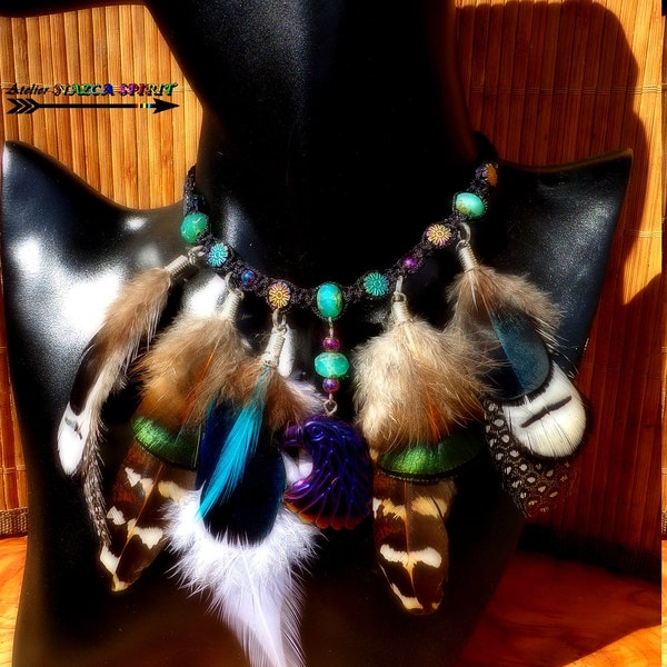 Ras de Cou / Native American / Crystal Boho / Sculpted Eagle / Multicolored Hematite Sun Pearls / Natural Feathers
