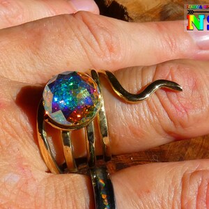 Adjustable Ring Handmade Handmade Snake Brass Gold - Austrian Crystal Facetté Aurora Borealis - Size 58- Jewel Woman Gold and Iridescent
