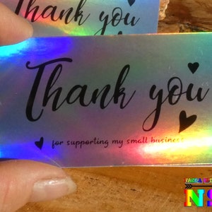Cartes de Remerciement Bristol Laser Multicolore, Rectangle 9 cm x 5 cm, Thank You en Noir, Finition Glacé Iridescent, Effets Holographiques