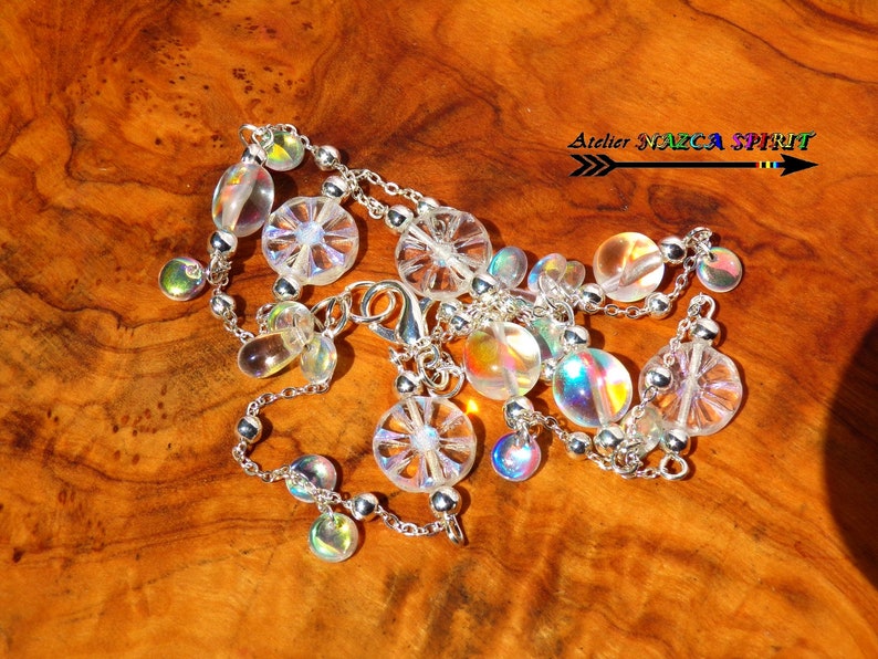 Collier Sautoir Bohème / Bijou Artisanal / Chaîne Plaqué Argent / Perles Soleils Gravés Cristal AB / Perles Ovales Cristal Aura /Multicolore image 5