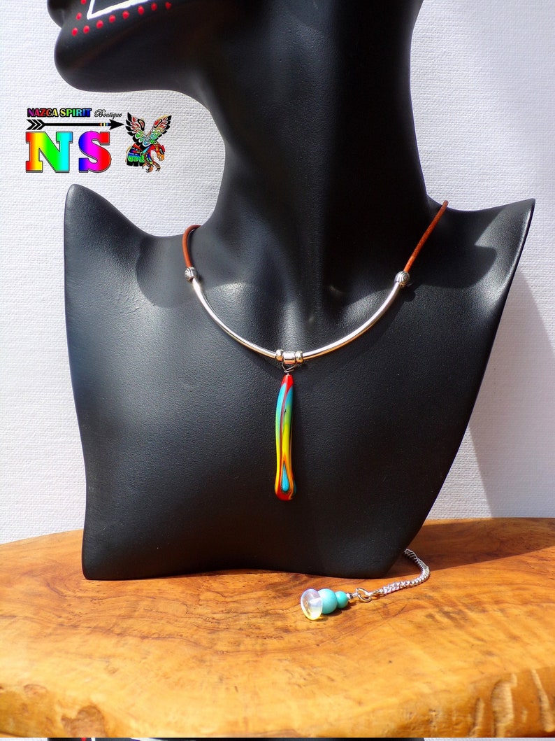Pearl multicolored lampwork borosilicate pendant French craft creation Natural leather and silver adjustable boho necklace 925