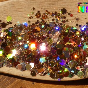 Holografiskt hexagonalt kameleontlaserglitter, 5 g (0,18 oz) påse, ljusguld iriserande, för resinbäddning, nagelkonst