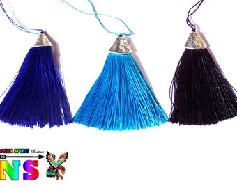 Pendentifs Pompons de 8 cm ("3.15) - Rayonne Soie Artificielle - Pompons pour Création Bijoux - 1 Bleu Cobalt - 1 Bleu Turquoise - 1 Noir