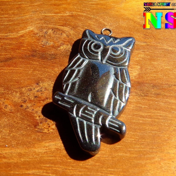 Large Ethnic Pendant of 3.5 cm ("1.37) Owl Owls Carved in Anthracite Gray Hematite - Natural Fine Stone for Jewelry Creation