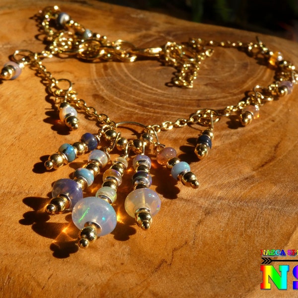 Necklace Ras de Cou Chain Brass Gold Plated, Real Opal Pearls Ethiopia Multicolored, Precious Jewelry Woman, Necklace 43 cm Long