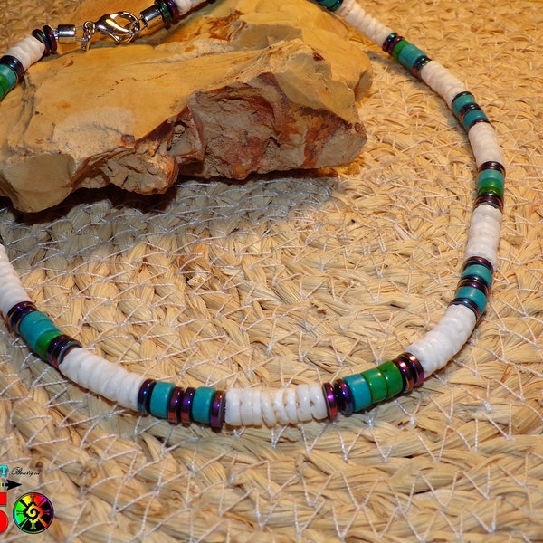 Necklace Ras de Cou Surfer of 44 cm ("17.32) long - Necklace Pearls Shell White Tahitian, Fine Pearls of Turquoise Xian and Hematites