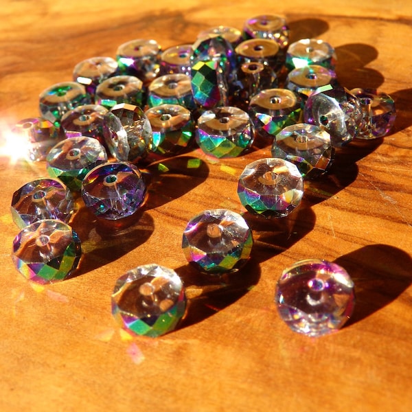 8 Perles Rondelles de 8 mm x 3.5 mm ("0.31 x "0.14) / Cristal de Bohème Facetté / Trou 1 mm / Transparent Reflets Multicolores Iridescent