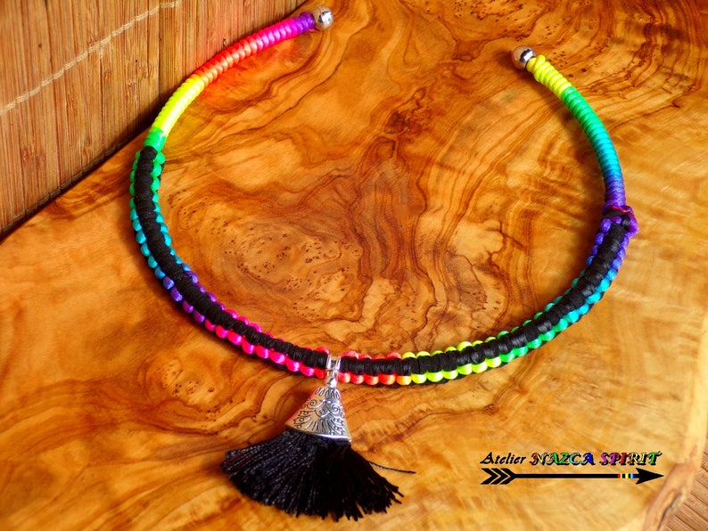 Necklace silver plated spirit Peru boho ethnic weaving macrame multicolor Rainbow pendant Pompom black
