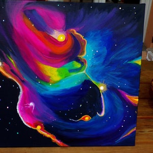 Painting Space Nebula - Canvas cotton frame wood Square 40 cm x 40 cm (&quot;15.74 x &quot;15.74) - Artistic painting cosmos - Signed painting