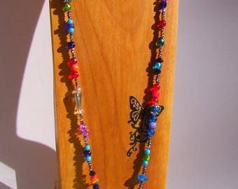 Collier Sautoir de 120 cm / Esprit Bohème / Perles en Verre et Cristal Multicolore Iridescent / Création Unique /Bijou de Créateur Fait Main