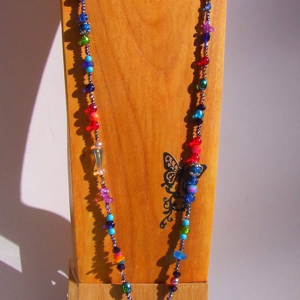 Collier Sautoir de 120 cm / Esprit Bohème / Perles en Verre et Cristal Multicolore Iridescent / Création Unique /Bijou de Créateur Fait Main