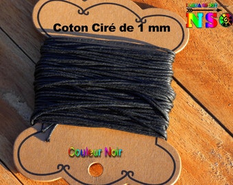 Cordon Coton Ciré de 1 mm ("0.039) de diamètre Couleur Noir Kajal - Coton Ciré Pour Création Bijoux Macramé - Vendu par 10 mètres