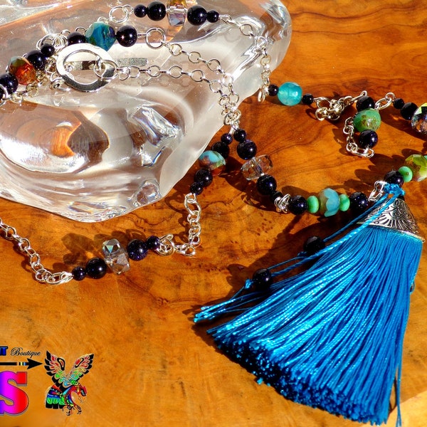 Collier Sautoir Bohème Hippie Chic de 85 cm ("33.46) / Chaîne Plaqué Argent / Bijou Rétro / Cristal de Bohème - Agates - Pompon turquoise