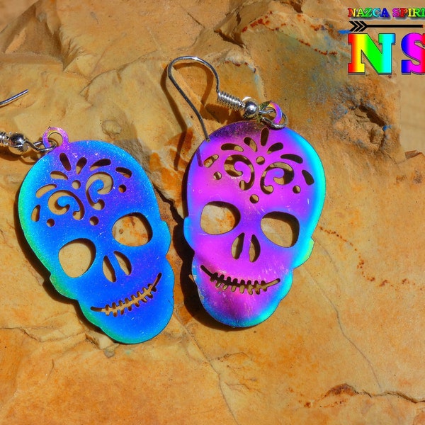 Pendants d'oreilles Etniques Crâne Mexicain Multicolore en Acier Inoxydable de 5 cm ("1.96) de Long, Boucles d'oreilles Esprit Mexique