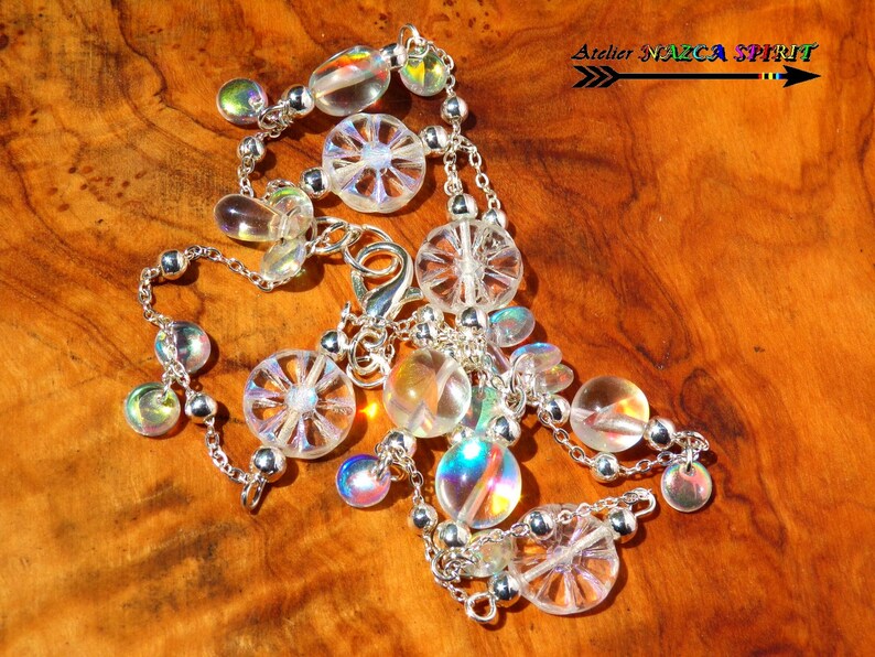 Collier Sautoir Bohème / Bijou Artisanal / Chaîne Plaqué Argent / Perles Soleils Gravés Cristal AB / Perles Ovales Cristal Aura /Multicolore image 4