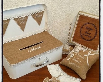 Wooden guestbook, piggy bank urn suitcase, jute cushion, pen and garter for vintage wedding country