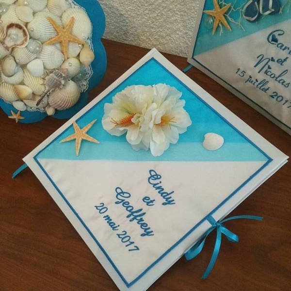 Livre d'or mariage bleu turquoise blanc mer iles hibiscus  personnalisé et brodé aux prénoms