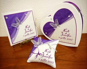 Wedding piggy bank urn with 1 guestbook and 1 purple purple and silver butterfly wedding ring cushion