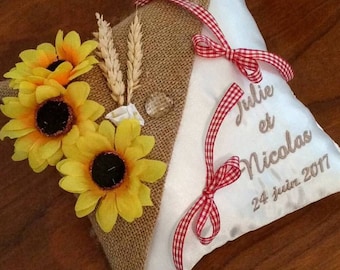 Wedding ring cushion / wedding ring holder / wedding cushion: country theme / sunflowers / wheat - dominant choco tone or other