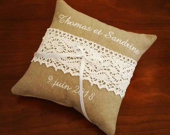 wedding wedding wedding cushion / personalized wedding ring holder: linen with retro cotton lace