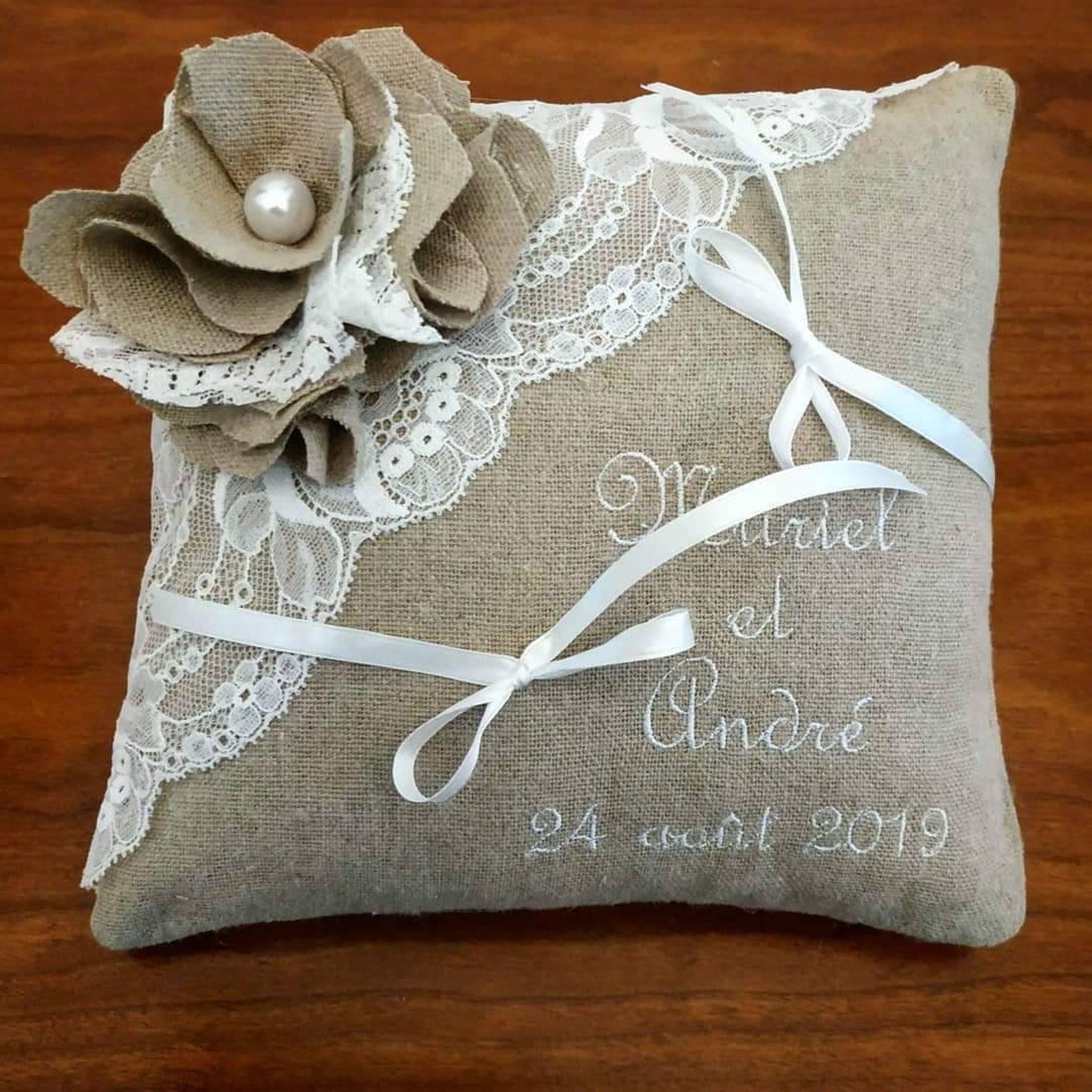 Personalised wedding cushion linen wedding with retro lace Etsy