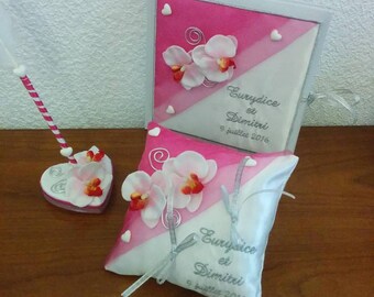 wedding ring cushion with guestbook and pen, orchid theme in fuschia and silver