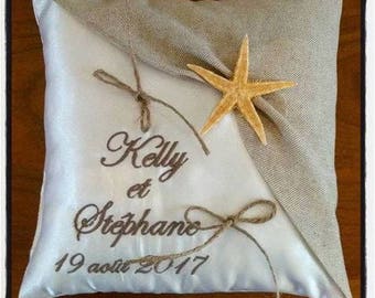 Coussin pour alliances personnalisé, porte-alliances original , coussin recouvert de lin dont le thème du mariage est la mer