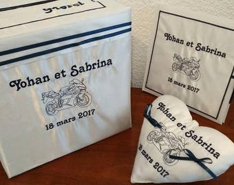 coussin pour alliance avec urne de mariage cubique et livre d'or theme la moto en bleu (ou autre)