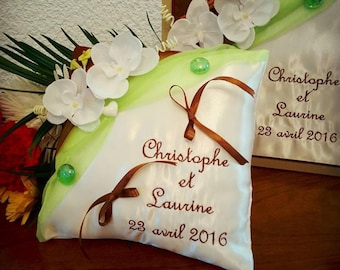 coussin pour alliances avec l' urne et le livre d or vert chocolat - mariage thème zen