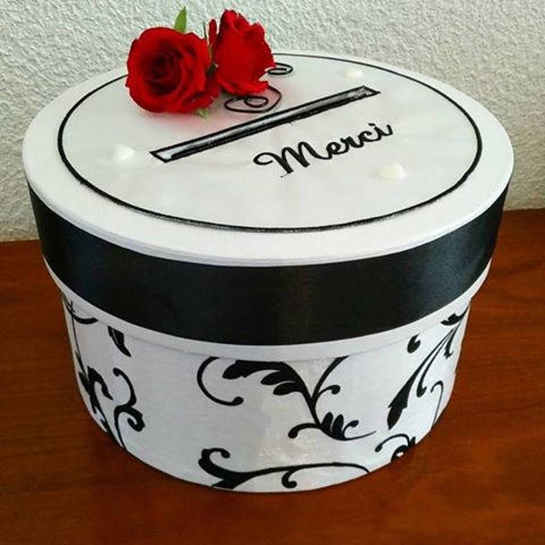 Tirelire ronde pour mariage anniversaire retraite communion / Noir et blanc baroque / urne pour enveloppe / cagnotte image 1