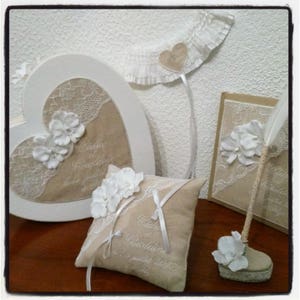 Wedding ring cushion with guestbook, pen, garter and vintage linen piggy bank image 1