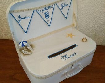Urne / tirelire / cagnotte / boite pour enveloppes: La valise pour mariage, anniversaire, retraite, communion thème mer, la plage (ou autre)