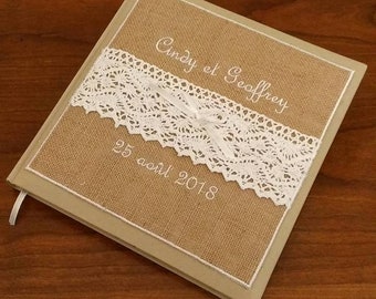 Livre d'or vintage chic, dentelle et toile de jute personnalisé prénoms date de mariage anniversaire...