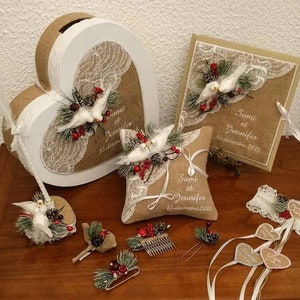 wedding set theme winter nature wedding burlap doves cushion urn guestbook pen and garter image 1