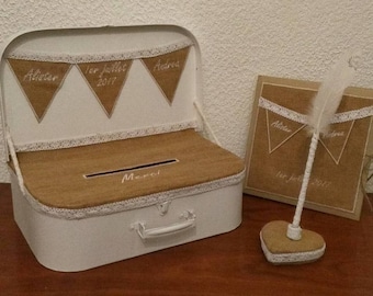 personalized guestbook with pen and piggy bank in the shape of a suitcase - vintage wedding, with burlap