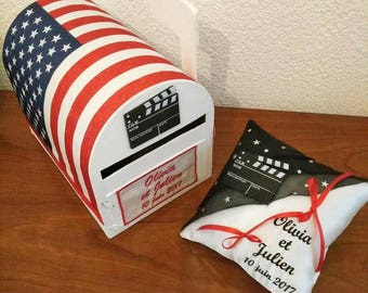 coussin de mariage pour alliances theme cinema et Boite aux lettres USA drapeau américain route 66 Mariage US urne tirelire