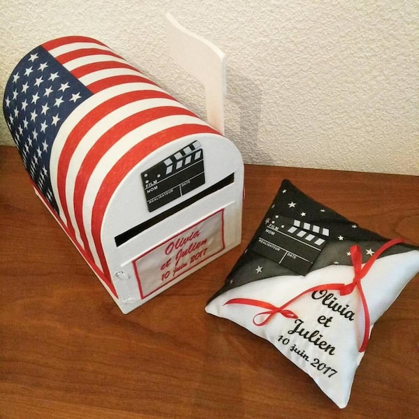 coussin de mariage pour alliances theme cinema et Boite aux lettres USA drapeau américain route 66 Mariage US urne tirelire