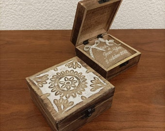 Wooden box and cushion wedding rings jute, country style, bohemian, nature, ethnic