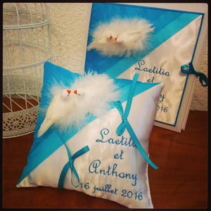 Cushion for wedding rings for a wedding with turquoise and white doves or other image 4