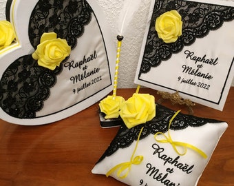 Wedding ring holders with guestbook, pen and piggy bank heart lace black pink yellow and rhinestone feather touch