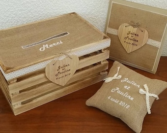 crate guestbook and cushion of wedding rings in embroidered burlap first names and heart engraved wood personalized.