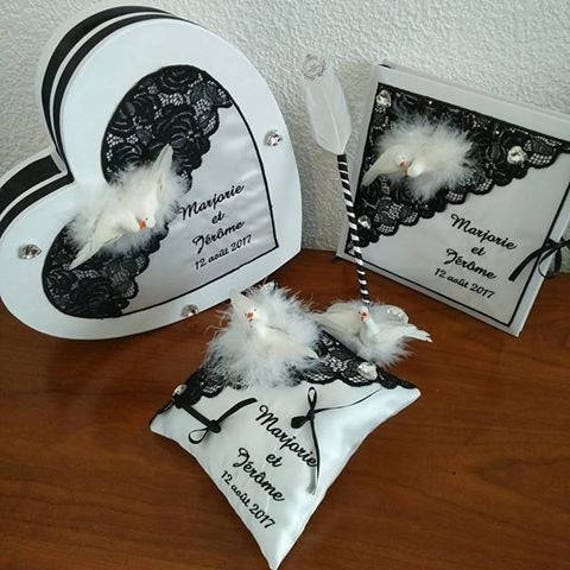 Coussin Alliance Mariage Boite Urne Cagnotte Tirelire Coeur Livre d'or et Stylo Dentelle Noir Blanc