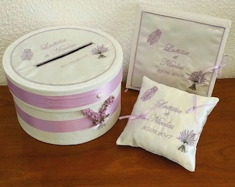wedding Provencal theme: set including a piggy bank, a guestbook, a wedding cushion with a cicada, a bouquet of lavender ...