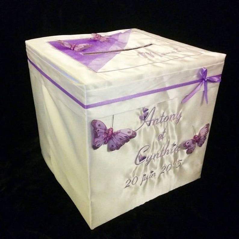 Piggy bank box for wedding white violet with BUTTERFLIES
